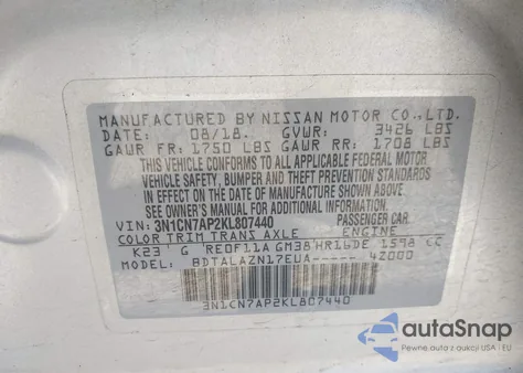 2019 Nissan Versa 1.6 S+ from USA, damaged, VIN 3N1CN7AP2KL807440